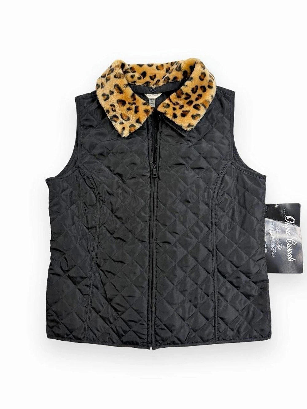 NWT Deadstock Y2K Onque Casuals Quilted Leopard Collar Vest Black Size L